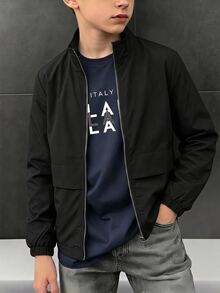SHEIN Kids Tween Boy Versatile Solid Black Open Front Long Sleeve Utility Jacket, Suitable For Commuting, School, Daily Casual, Vacation, Travel, Sports, Autumn/Winter - Black - View 1