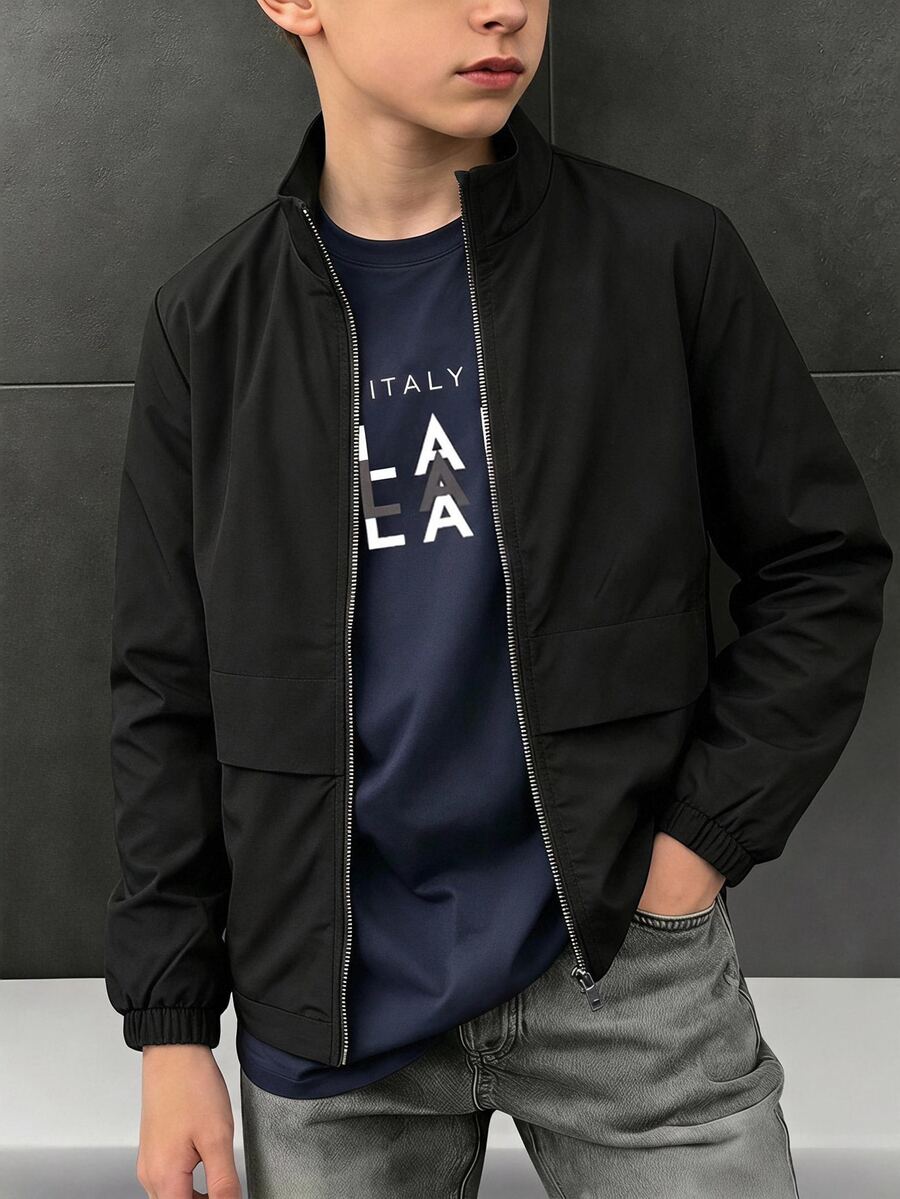 SHEIN Kids Tween Boy Versatile Solid Black Open Front Long Sleeve Utility Jacket, Suitable For Commuting, School, Daily Casual, Vacation, Travel, Sports, Autumn/Winter - Black - View 1