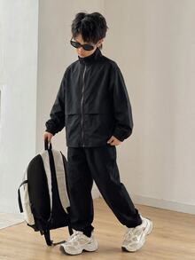 SHEIN Kids Tween Boy Versatile Solid Black Open Front Long Sleeve Utility Jacket, Suitable For Commuting, School, Daily Casual, Vacation, Travel, Sports, Autumn/Winter - Black - View 6