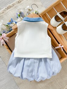 Cozy Pixies Baby Girl Knitted Khaki Striped Colorblock Bow Round Neck Casual Tank Top And Long Pants 2 Pieces Set - Blue - View 3