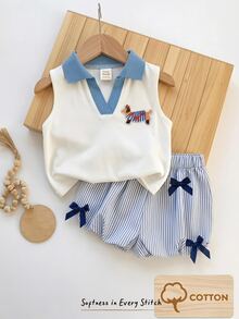 Cozy Pixies Baby Girl Knitted Khaki Striped Colorblock Bow Round Neck Casual Tank Top And Long Pants 2 Pieces Set - Blue - View 2