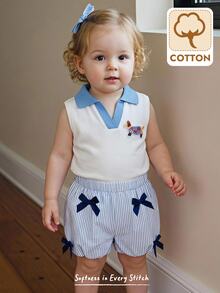 Cozy Pixies Baby Girl Knitted Khaki Striped Colorblock Bow Round Neck Casual Tank Top And Long Pants 2 Pieces Set - Blue - View 1
