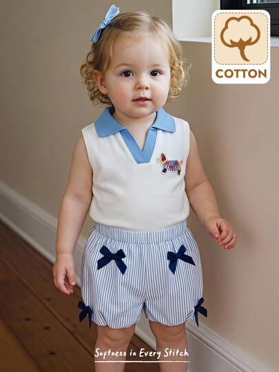 Cozy Pixies Baby Girl Knitted Khaki Striped Colorblock Bow Round Neck Casual Tank Top And Long Pants 2 Pieces Set