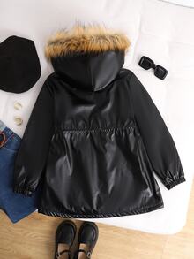 SHEIN 青少年女孩秋冬加厚 PU 雙面保暖內裡長毛領連帽拉鍊收腰外套，黑色 - 黑色 - 查看 2