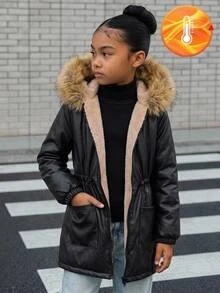 SHEIN 青少年女孩秋冬加厚 PU 雙面保暖內裡長毛領連帽拉鍊收腰外套，黑色 - 黑色 - 查看 10