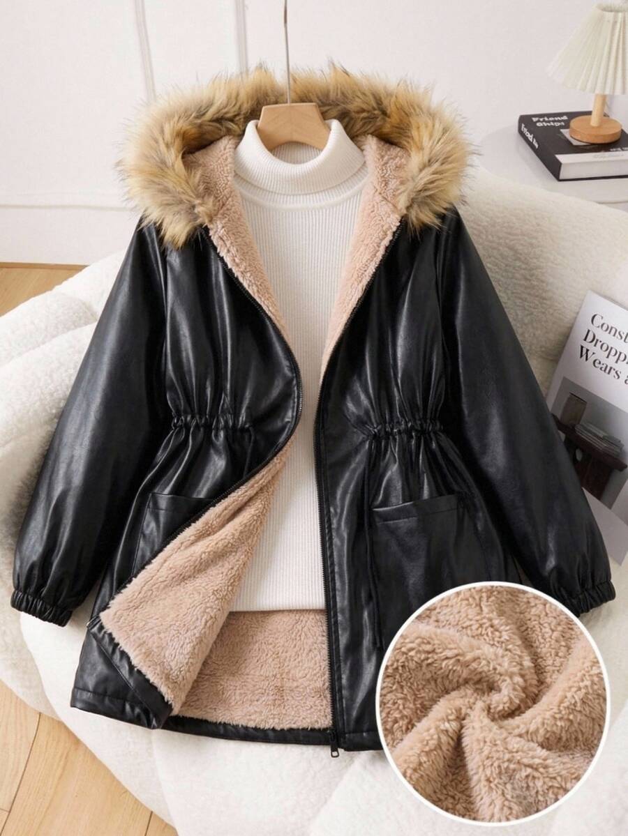 SHEIN 青少年女孩秋冬加厚 PU 雙面保暖內裡長毛領連帽拉鍊收腰外套,黑色 - 黑色 - 查看 1