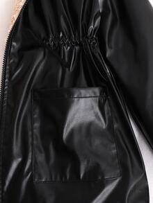 SHEIN 青少年女孩秋冬加厚 PU 雙面保暖內裡長毛領連帽拉鍊收腰外套，黑色 - 黑色 - 查看 5