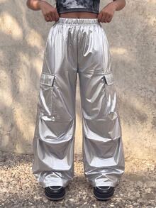 Coolane Kids Tween Girls Summer Y2K Golden Concert Casual Metallic Flap Pocket Side Ribbon Drawstring Waist Wide Leg Parachute Cargo Pants - Silver - View 3