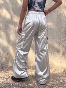 Coolane Kids Tween Girls Summer Y2K Golden Concert Casual Metallic Flap Pocket Side Ribbon Drawstring Waist Wide Leg Parachute Cargo Pants - Silver - View 4