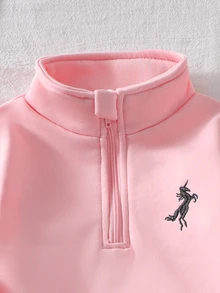 Genkimix Kids 秋冬季女婴刺绣立领拉链长袖卫衣套装，简约舒适 - 粉色 - 查看 5