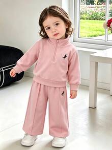 Genkimix Kids 秋冬季女婴刺绣立领拉链长袖卫衣套装，简约舒适 - 粉色 - 查看 2