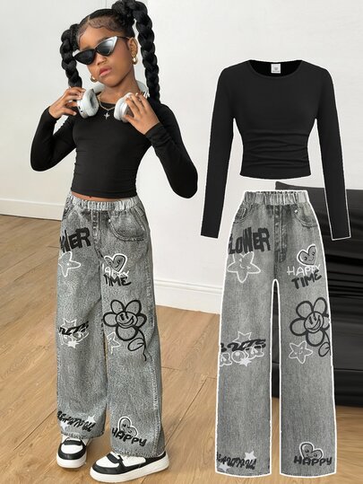 SHEIN 2pcs Tween Girls Black Short Sleeve T-Shirt With English Letter & Star Print, Black Pants Set
