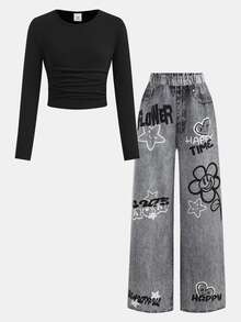 SHEIN 2pcs Tween Girls Black Short Sleeve T-Shirt With English Letter & Star Print, Black Pants Set - Multicolor - View 2