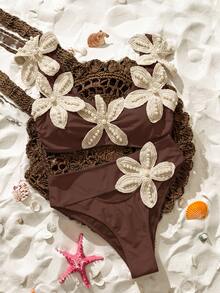 SHEIN SunnyBelle 春夏時尚度假風海星珍珠裝飾優雅性感比基尼套裝 - 棕色 - 查看 6