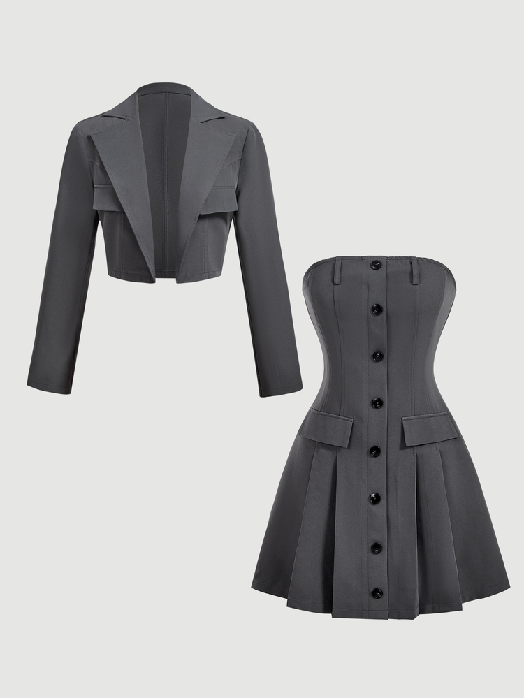 SHEIN MOD Women's Jacket With Front Buttons And Bandeau Dress Suit Set Teachers' Day Office Dark Grey Summer Elegant - Grey - View 3