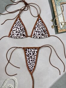 SHEIN Swim Women's Sexy Leopard Print Backless Tie-Front Bikini Set, Beach Vacation Style - Multicolor - View 2