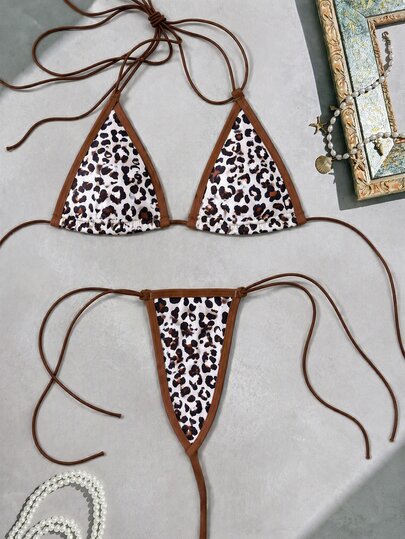 SHEIN Swim Women's Sexy Leopard Print Backless Tie-Front Bikini Set, Beach Vacation Style