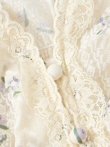 SHEIN MOD Floral Embroidered Lantern Sleeve V-Neck Lace Blouse Brunch Vacation Beige Autumn Cottagecore Gothic - Multicolor - View 4