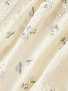 SHEIN MOD Floral Embroidered Lantern Sleeve V-Neck Lace Blouse Brunch Vacation Beige Autumn Cottagecore Gothic - Multicolor - View 7
