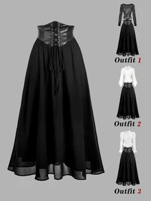 SHEIN MOD Black Leather Chiffon Lace-Up Waist Tie Skirt Halloween Concert School Autumn Goth 70s - Black - View 2