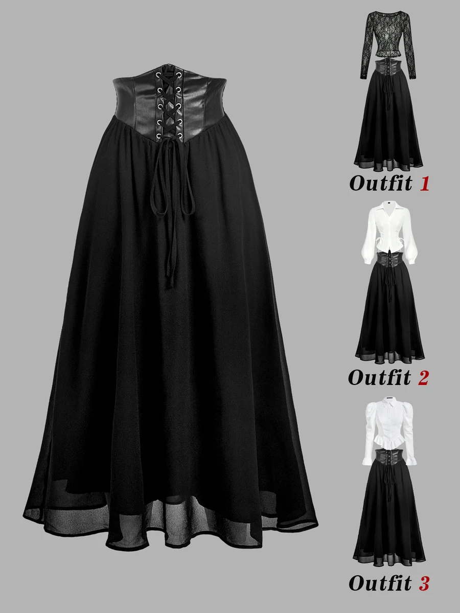 SHEIN MOD Black Leather Chiffon Lace-Up Waist Tie Skirt Halloween Concert School Autumn Goth 70s
