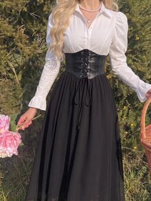 SHEIN MOD Black Leather Chiffon Lace-Up Waist Tie Skirt Halloween Concert School Autumn Goth 70s - Black - View 3
