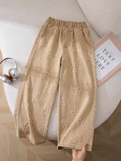 SHEIN Genkimix Kids Girls' Denim Khaki Wide Leg Pants With 3D Jacquard Pattern Elastic Waistband With Flower Bud Design Suitable For All Seasons Can Be Paire, Fall Winter