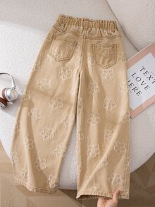 SHEIN Genkimix Kids Girls' Denim Khaki Wide Leg Pants With 3D Jacquard Pattern Elastic Waistband With Flower Bud Design Suitable For All Seasons Can Be Paire, Fall Winter - Khaki - View 3