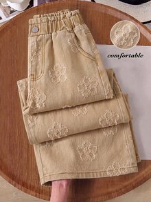 SHEIN Genkimix Kids Girls' Denim Khaki Wide Leg Pants With 3D Jacquard Pattern Elastic Waistband With Flower Bud Design Suitable For All Seasons Can Be Paire, Fall Winter - Khaki - View 2