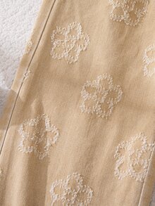 SHEIN Genkimix Kids Girls' Denim Khaki Wide Leg Pants With 3D Jacquard Pattern Elastic Waistband With Flower Bud Design Suitable For All Seasons Can Be Paire, Fall Winter - Khaki - View 6