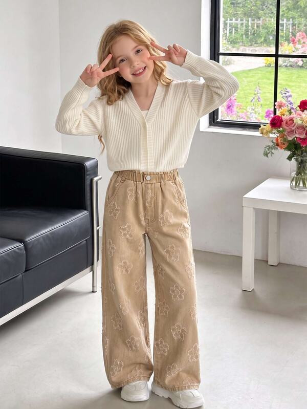 SHEIN Genkimix Kids Girls' Denim Khaki Wide Leg Pants With 3D Jacquard Pattern Elastic Waistband With Flower Bud Design Suitable For All Seasons Can Be Paired With Simple
