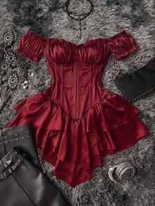 Attitoon Women's Solid Color Off Shoulder Casual Party Mini Dress - Red - View 6