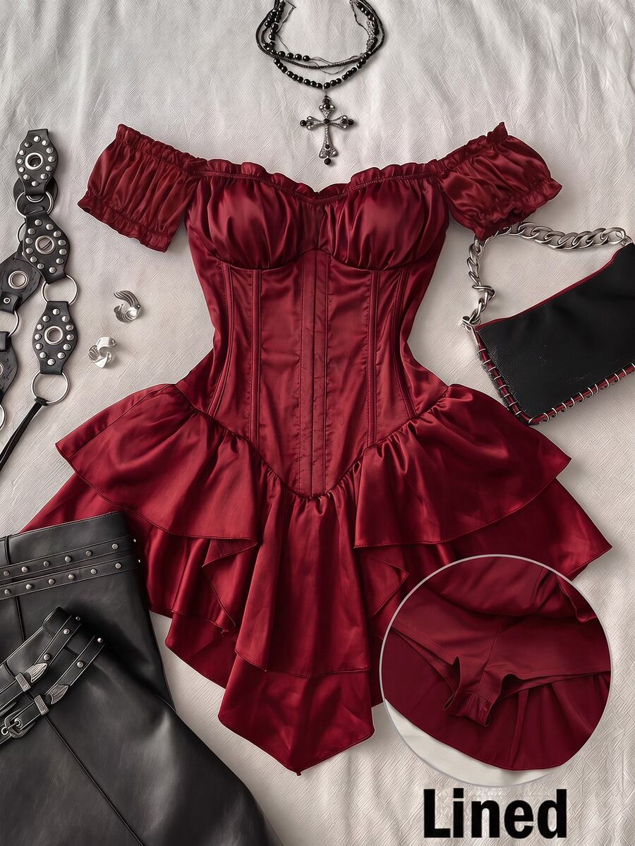 Attitoon Women's Solid Color Off Shoulder Casual Party Mini Dress - Red - View 1