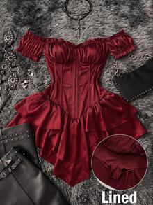 Attitoon Women's Solid Color Off Shoulder Casual Party Mini Dress - Red - View 11