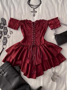 Attitoon Women's Solid Color Off Shoulder Casual Party Mini Dress - Red - View 2