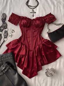 Attitoon Women's Solid Color Off Shoulder Casual Party Mini Dress - Red - View 10
