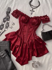 Attitoon Women's Solid Color Off Shoulder Casual Party Mini Dress - Red - View 5