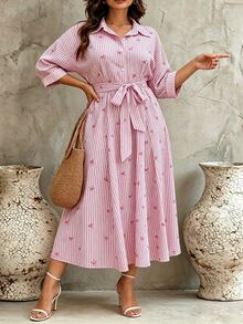 Linhara CURVE Plus-Size Pink Striped Shirt Dress With A Bow Detail For Autumn And Winter;Features A Waist-Cinching Design For A Slimming Effect - Pink - View 4