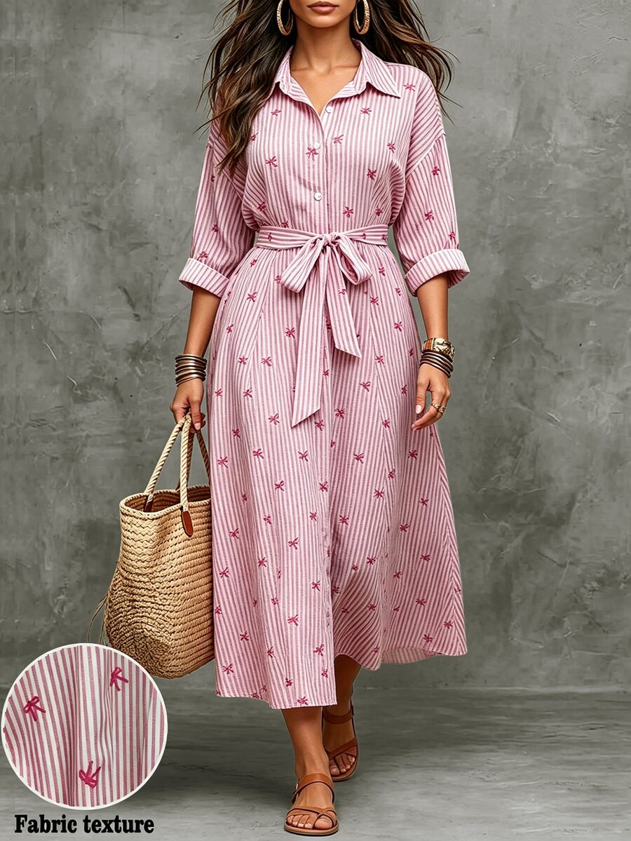 Linhara CURVE Plus-Size Pink Striped Shirt Dress With A Bow Detail For Autumn And Winter;Features A Waist-Cinching Design For A Slimming Effect - Pink - View 1
