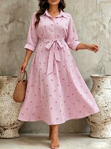 Linhara CURVE Plus-Size Pink Striped Shirt Dress With A Bow Detail For Autumn And Winter;Features A Waist-Cinching Design For A Slimming Effect - Pink - View 6