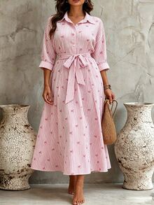 Linhara CURVE Plus-Size Pink Striped Shirt Dress With A Bow Detail For Autumn And Winter;Features A Waist-Cinching Design For A Slimming Effect - Pink - View 3