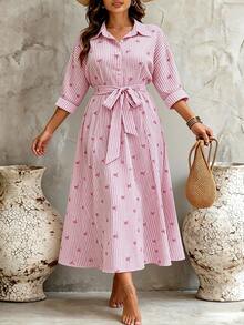 Linhara CURVE Plus-Size Pink Striped Shirt Dress With A Bow Detail For Autumn And Winter;Features A Waist-Cinching Design For A Slimming Effect - Pink - View 5