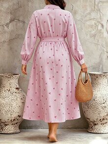 Linhara CURVE Plus-Size Pink Striped Shirt Dress With A Bow Detail For Autumn And Winter;Features A Waist-Cinching Design For A Slimming Effect - Pink - View 2