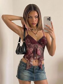 SHEIN ICON Spaghetti Strap V-Neck Ruffle Trim Fitted Summer Fashion Tank Top - Burgundy - View 3