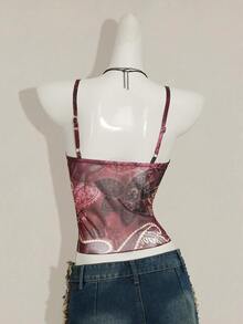 SHEIN ICON Spaghetti Strap V-Neck Ruffle Trim Fitted Summer Fashion Tank Top - Burgundy - View 2