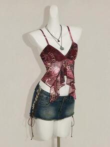 SHEIN ICON Spaghetti Strap V-Neck Ruffle Trim Fitted Summer Fashion Tank Top - Burgundy - View 7