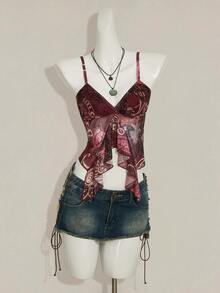 SHEIN ICON Spaghetti Strap V-Neck Ruffle Trim Fitted Summer Fashion Tank Top - Burgundy - View 11