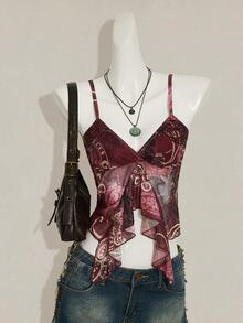 SHEIN ICON Spaghetti Strap V-Neck Ruffle Trim Fitted Summer Fashion Tank Top - Burgundy - View 1
