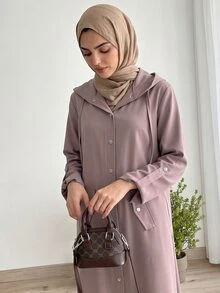 Solavon Setelan Busana Arab Wanita Warna Polos dengan Jaket Berkerudung dan Celana Panjang Kancing Depan - Coklat - View 4
