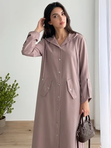 Solavon Setelan Busana Arab Wanita Warna Polos dengan Jaket Berkerudung dan Celana Panjang Kancing Depan - Coklat - View 5